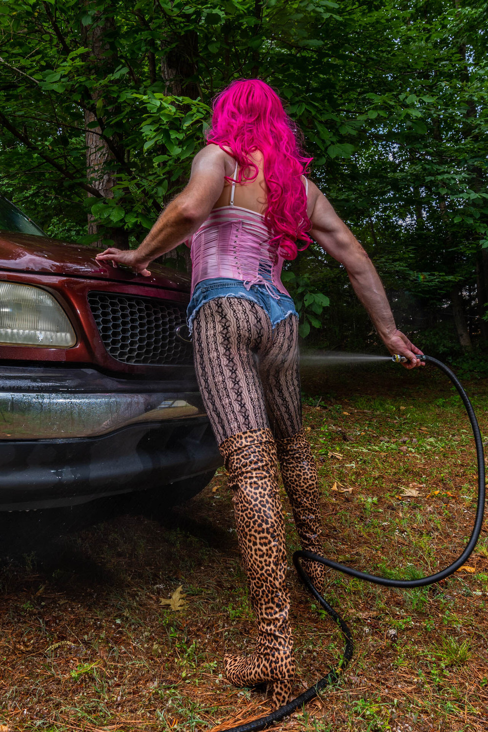 Gigantic fake tits crossdresser washing my truck in Daisy Du #13