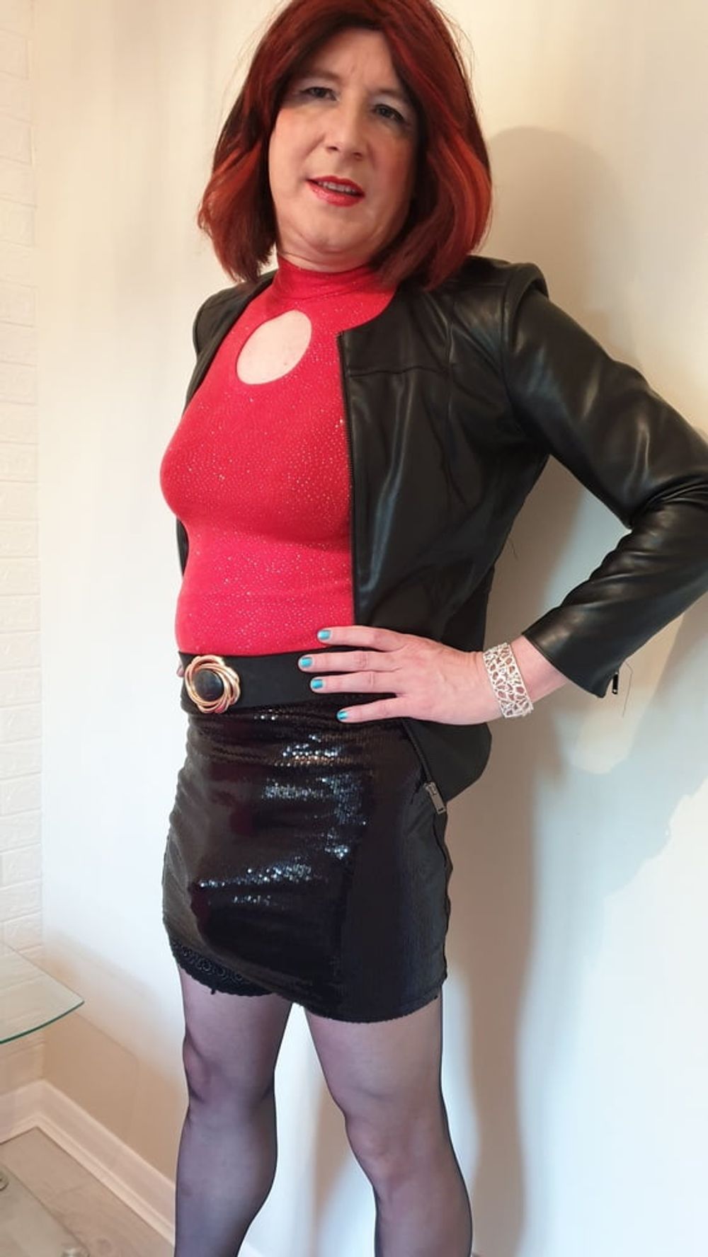 Leather jacket and pink sissy chastity for TGirl Lucy #39