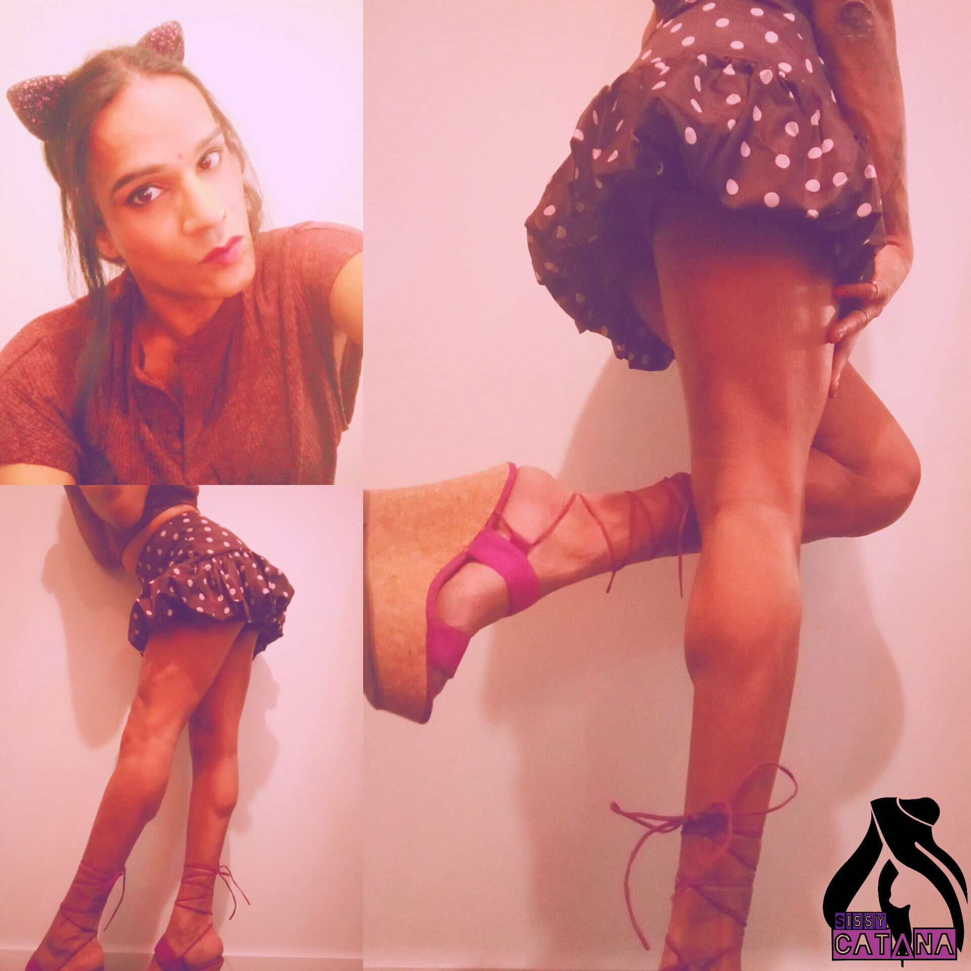 Tswoman in purple lingerie and crotchless pantie shows off