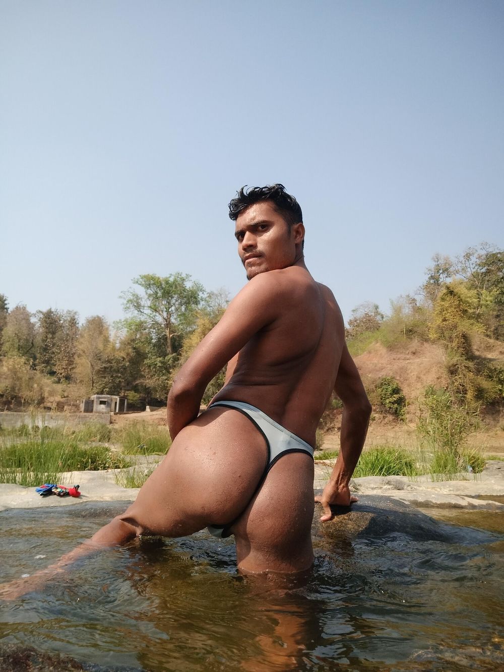 Hot muscular gym boy outdoor in river bathing enjoying swimm #14