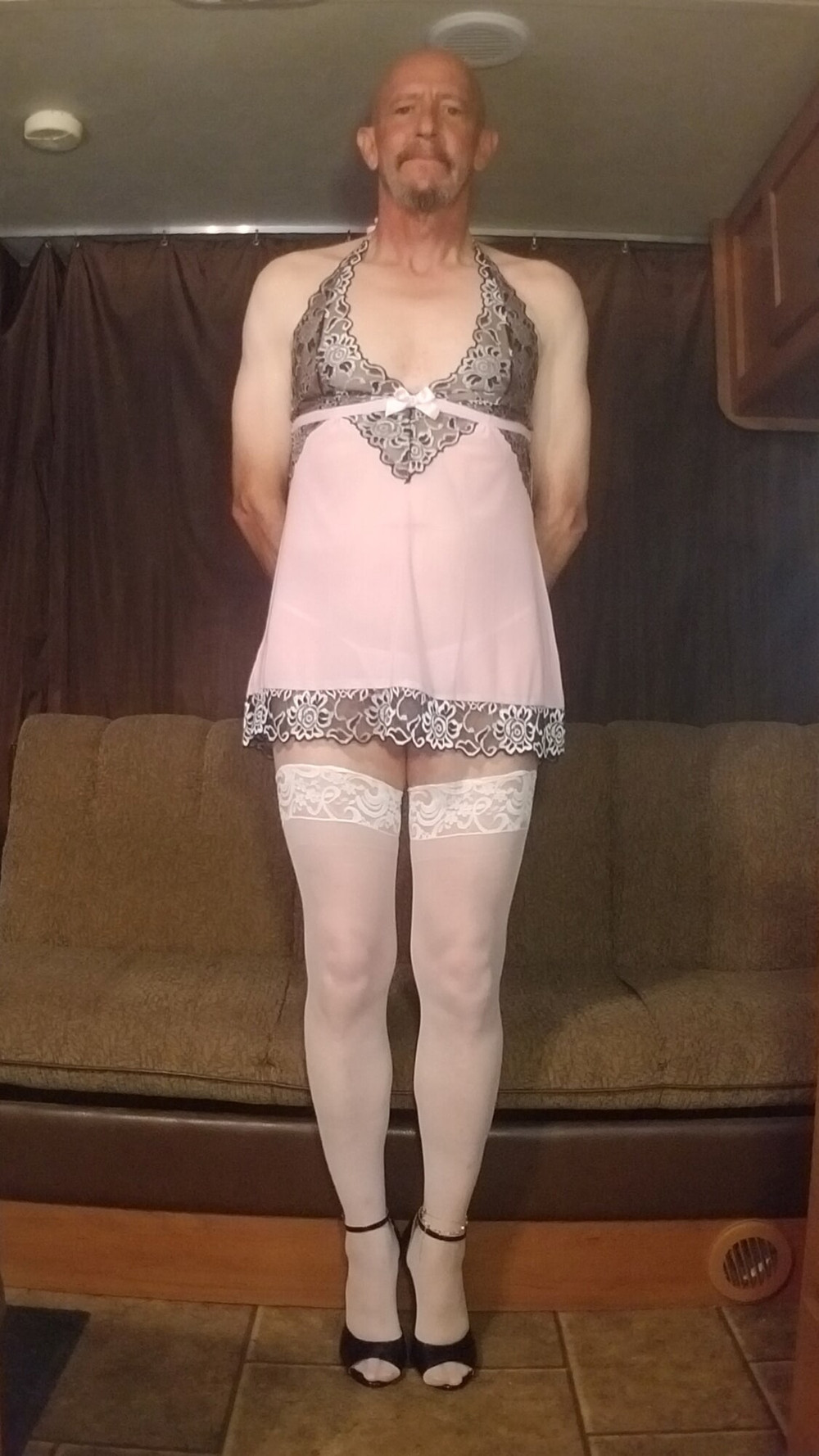 Faggot Andrew Brown in Pink Lingerie, Thigh Highs, Heels #7
