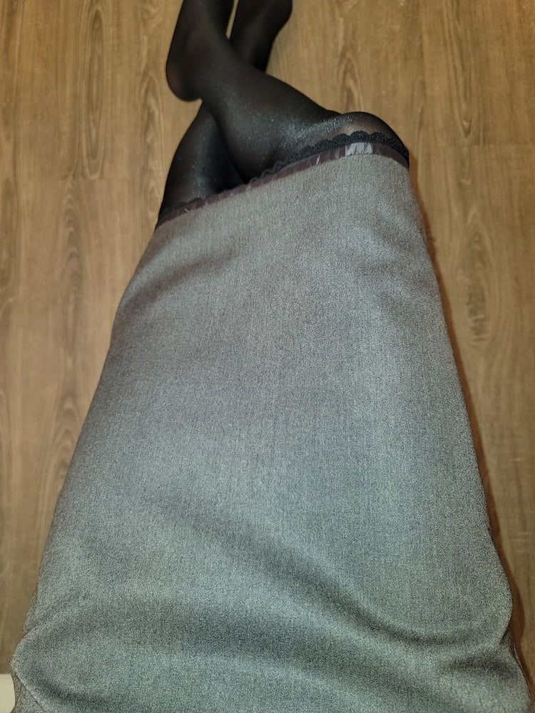 Grey Pencil Skirt with black silky half slip #11