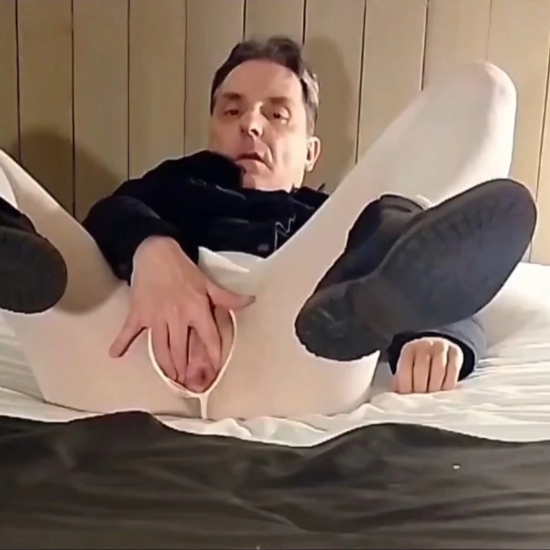 Cock stroking and ass fingering in white open pantyhose