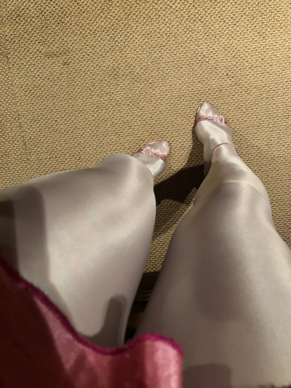 My long legs in white satin tights and sexy pink sandals #3