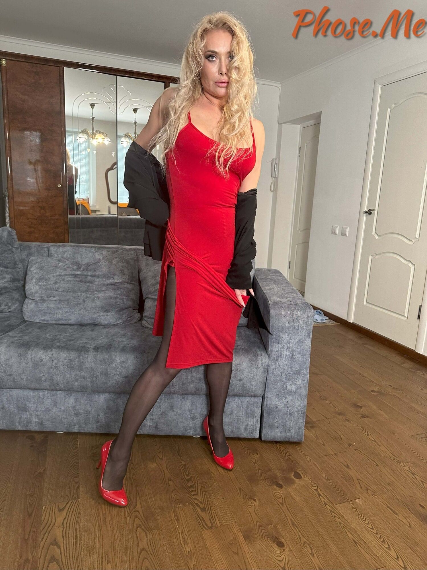 Blonde MIlf In Red Slit Dress, Black Pantyhose and Heels #10