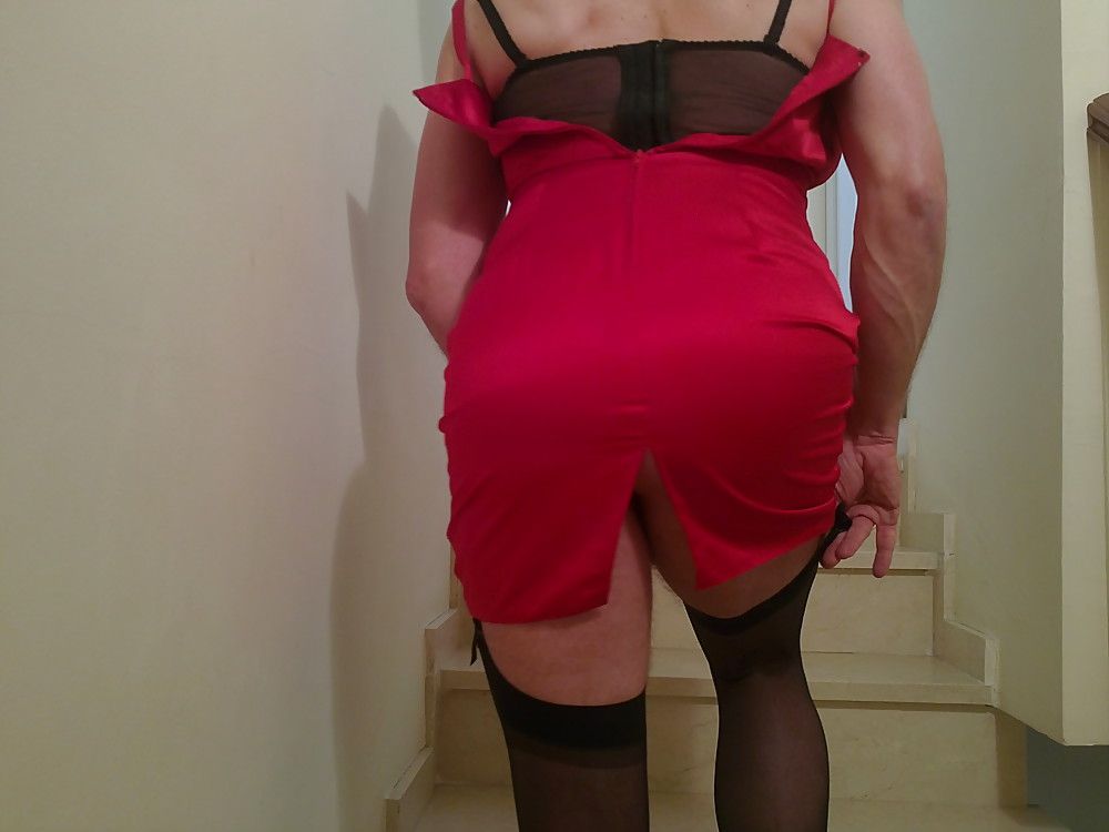 sexy red satin dress and black lingerie #9