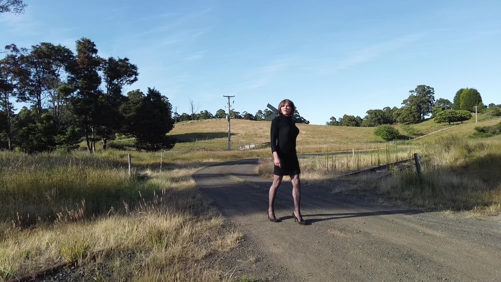 Crossdress Road trip- Rural road -Black Dress #3