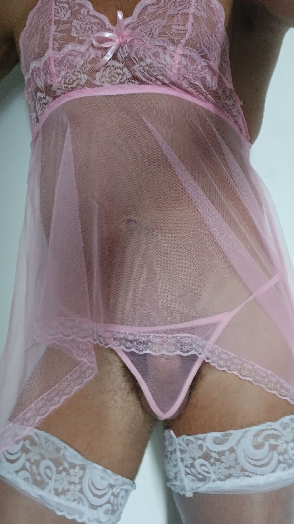 Transparent Pink nightie &amp;white stoking high heels #21