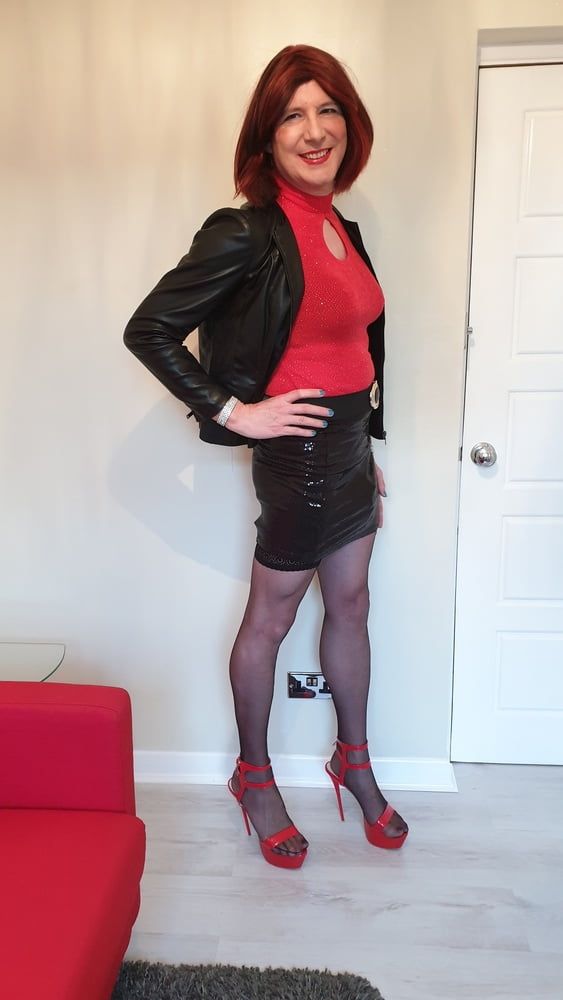 Leather jacket and pink sissy chastity for TGirl Lucy #2