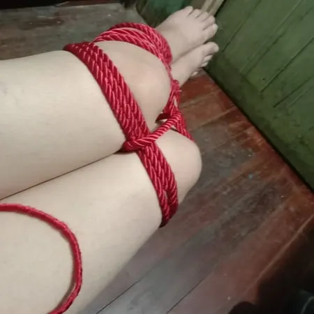 his white legs were tied with a red rope         