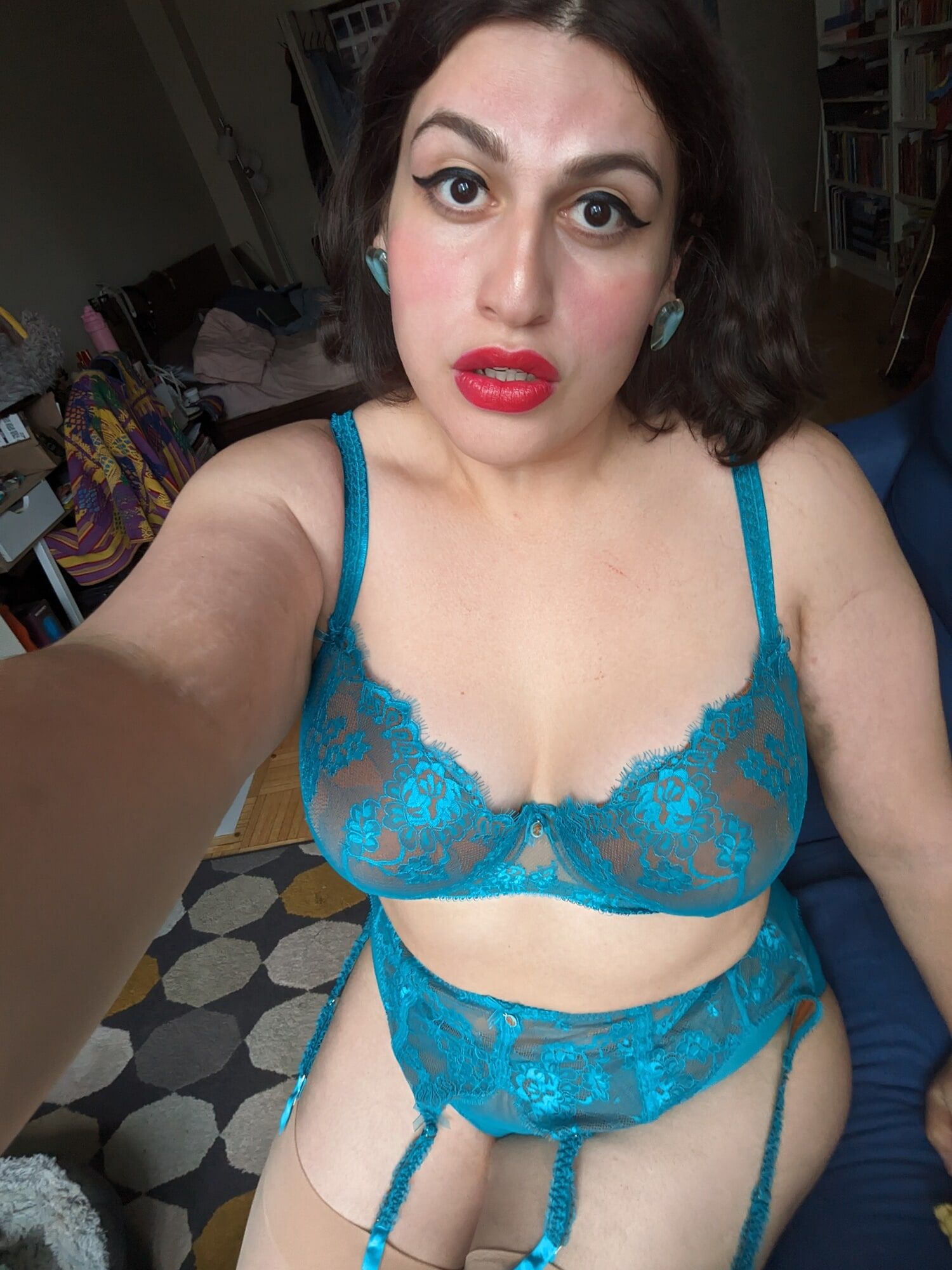 Busty Latina Tranny in Blue Vintage Lingerie  #5