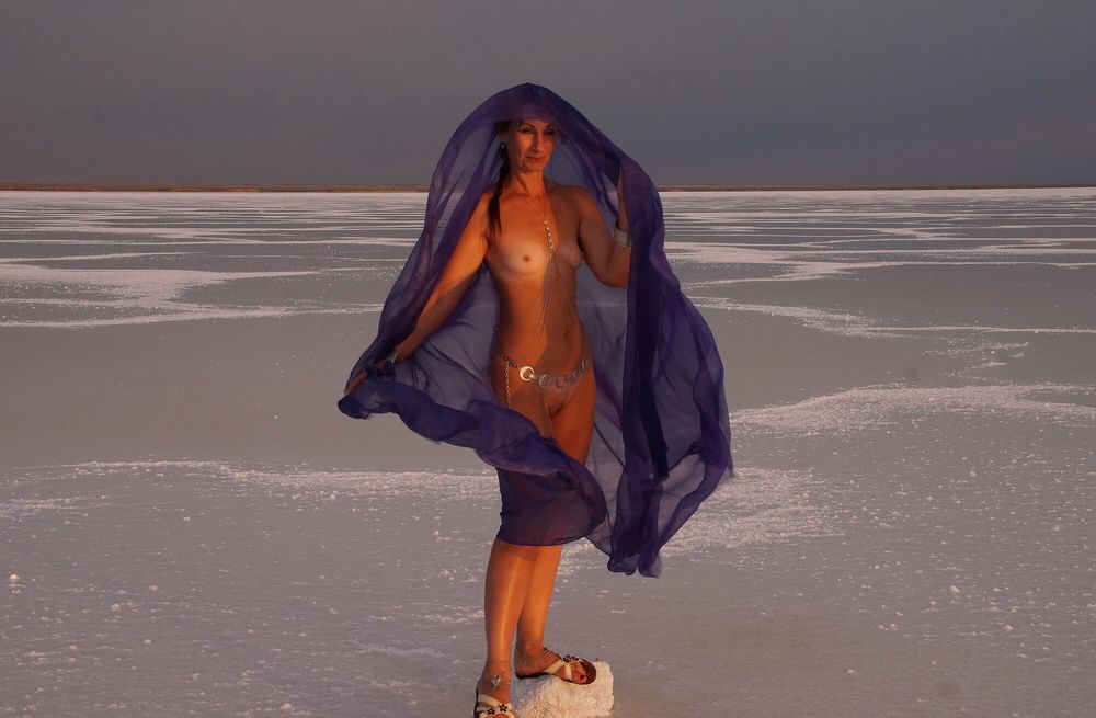 On Sunset-Light with DeepBlue Shawl on Salt- Lake #24