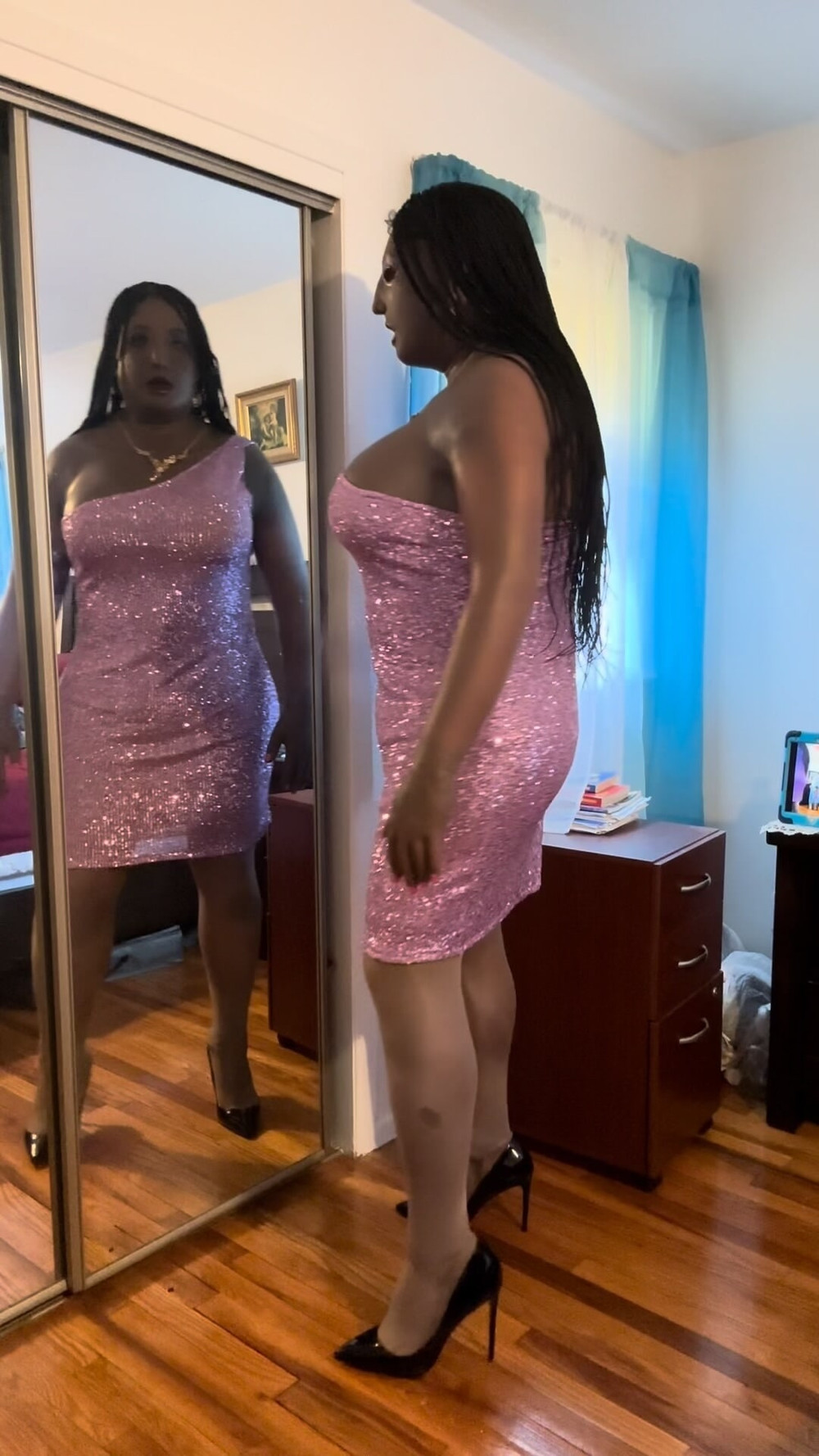 Danae in purple asymmetric glitter dress #6