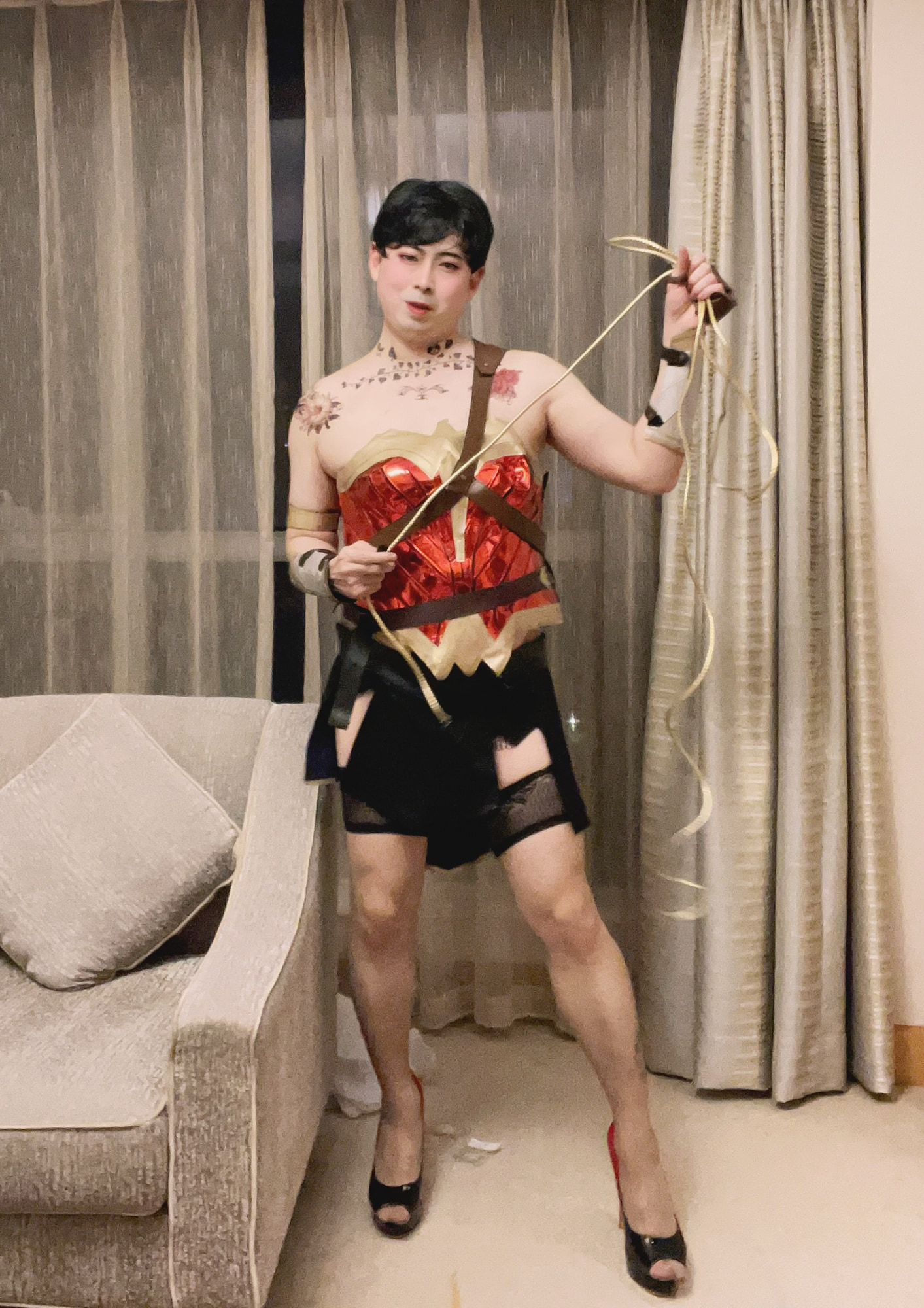 Asian sissy slut in wonder woman custome with tattoo #7