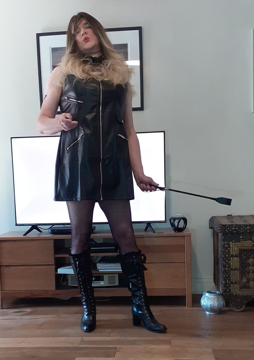 crossdressed in black leather dress #22