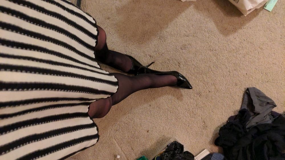 stockings  striped skirt and patent pumps #6