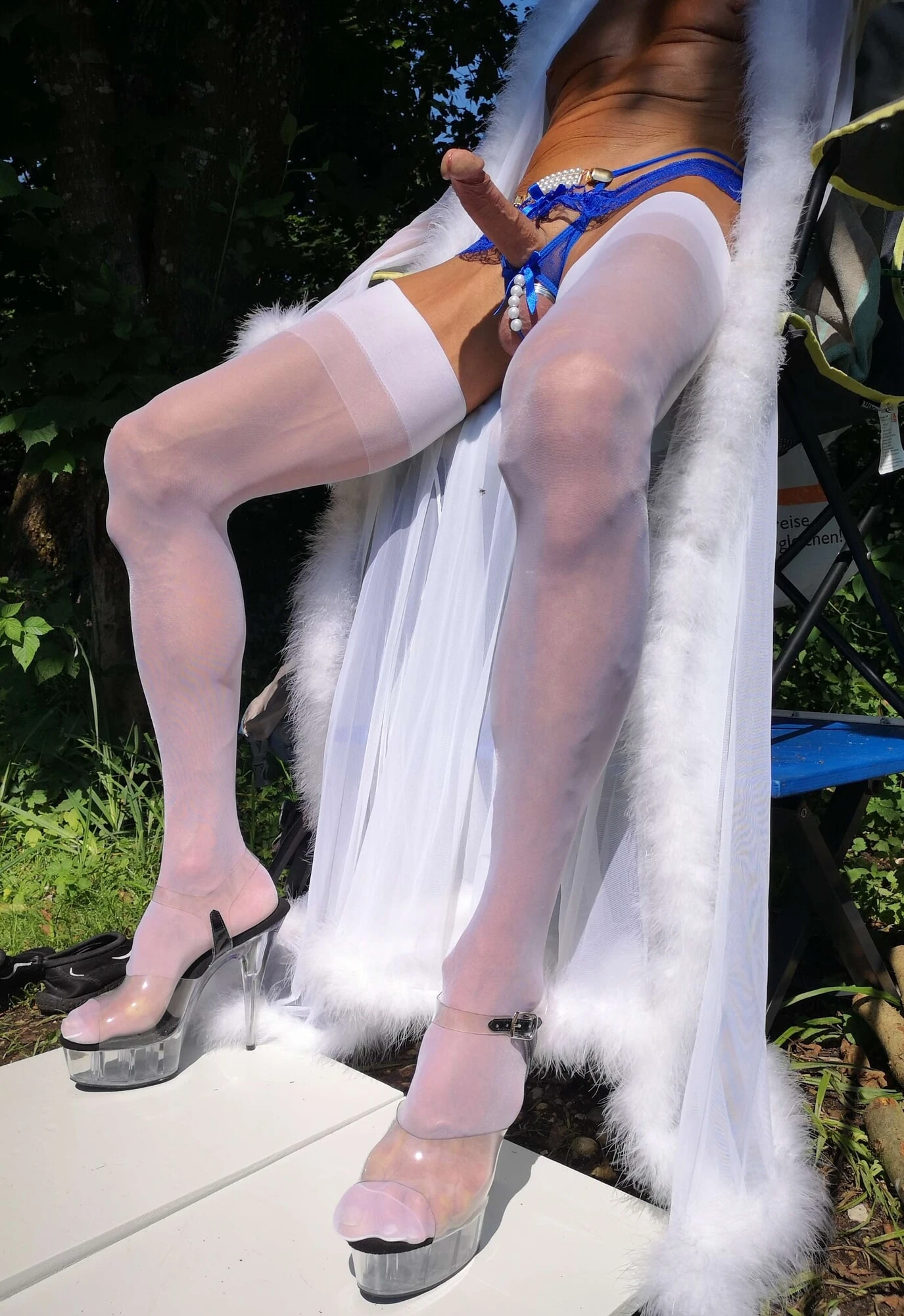 Crossdresser in white Lingerie at public Nudist Lake #6