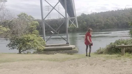 crossdess road trip red dress follow the river         