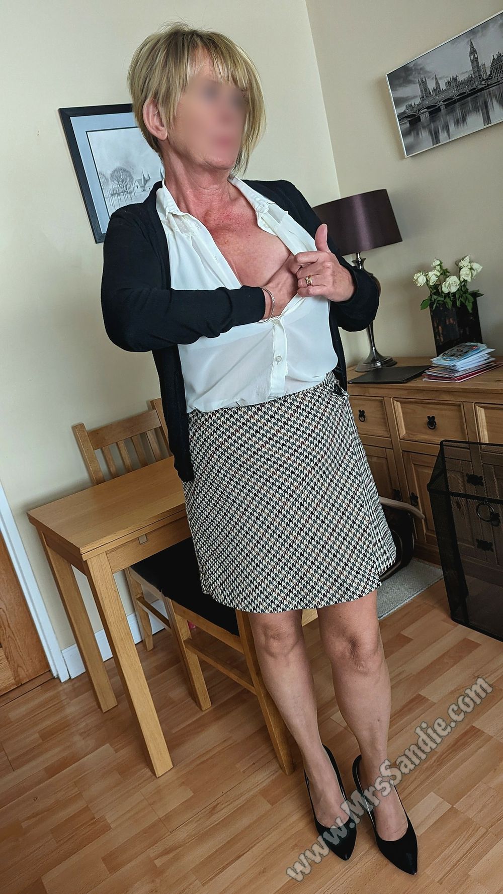 Ready for work in skirt, blouse, pantyhose and heels. #3