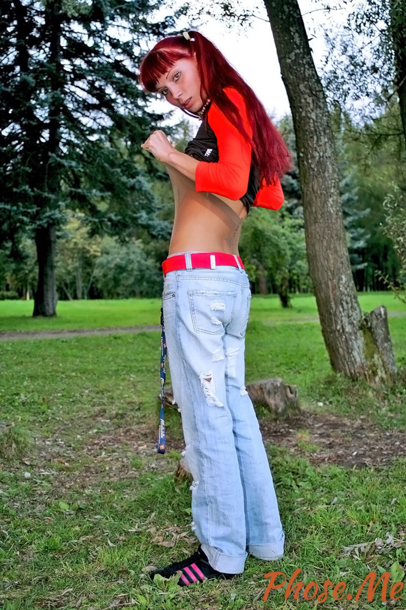 Redhead Outdoors Strips Jeans Off Wearing Pantyhose #11