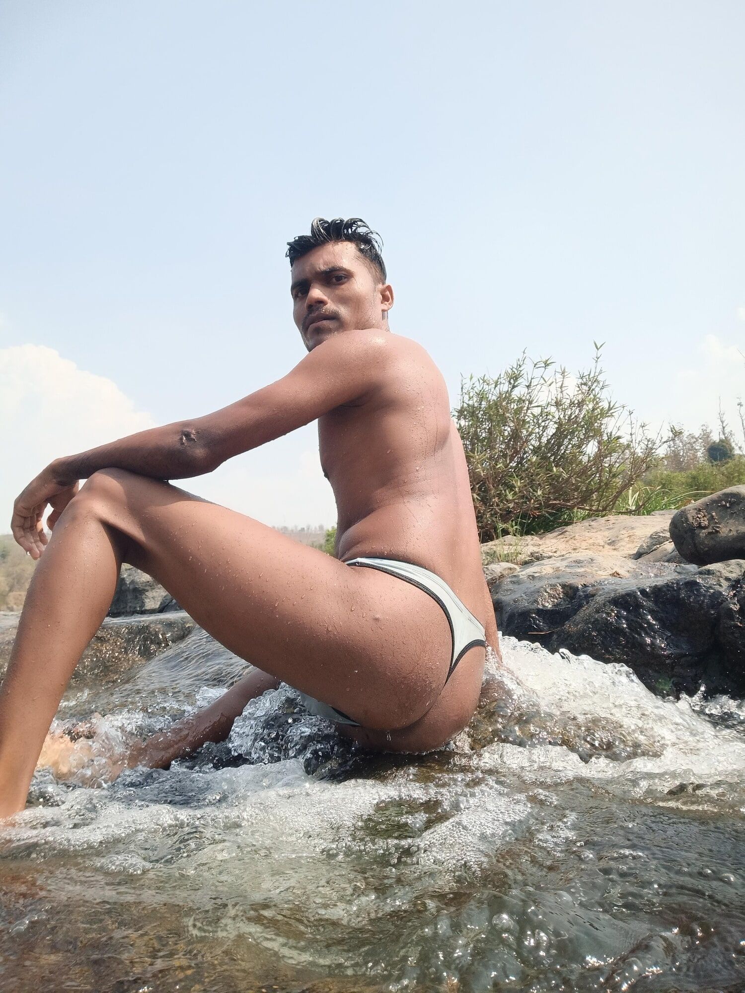 Hot muscular gym boy outdoor in river bathing enjoying swimm #29