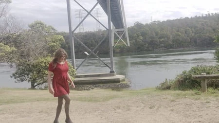 crossdess road trip red dress follow the river         