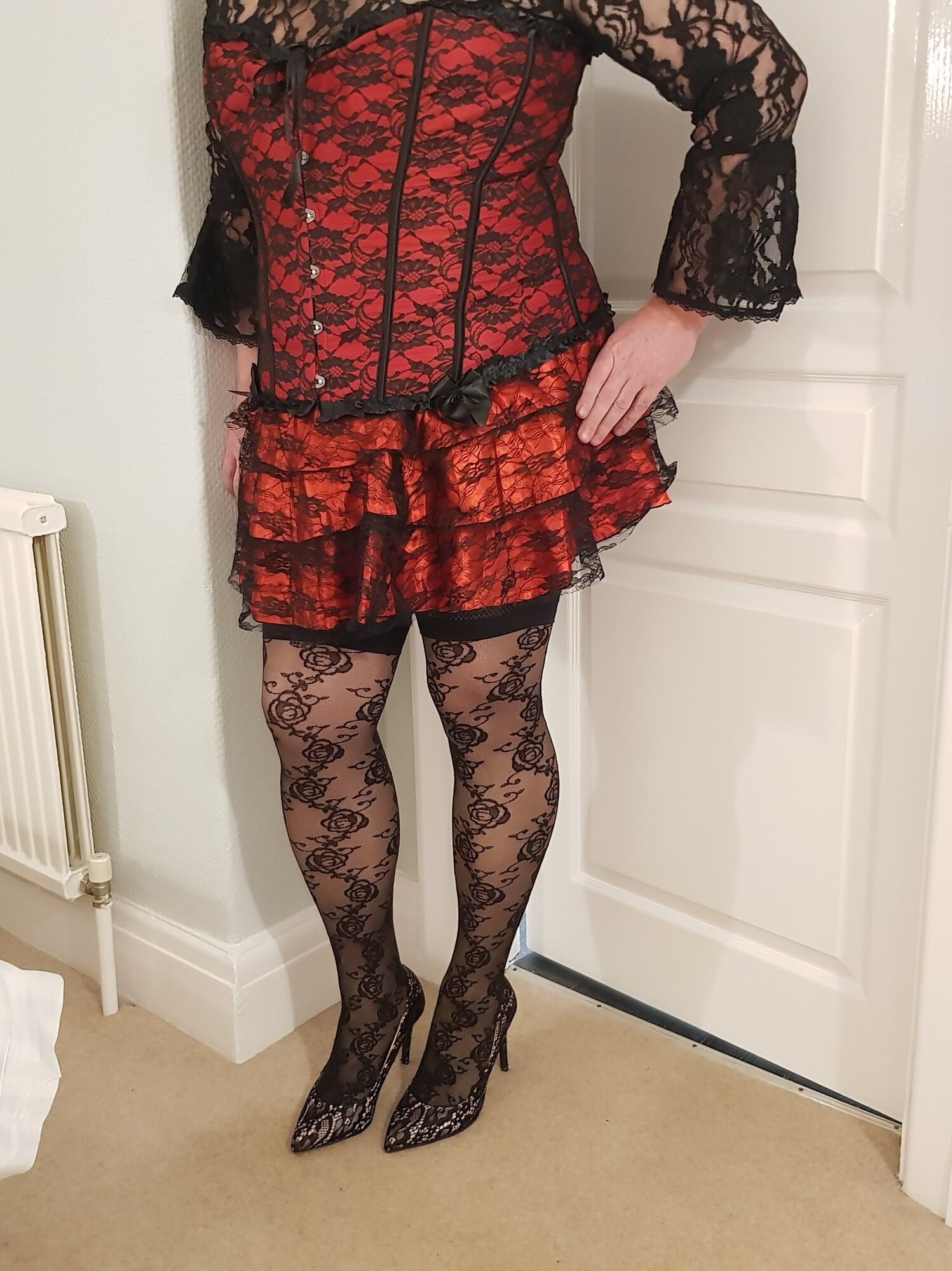 Crossdressing in floral lace lingerie, skirt and heels #3