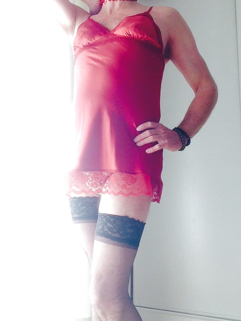 New sexy red satin lingerie and black stockings  #3