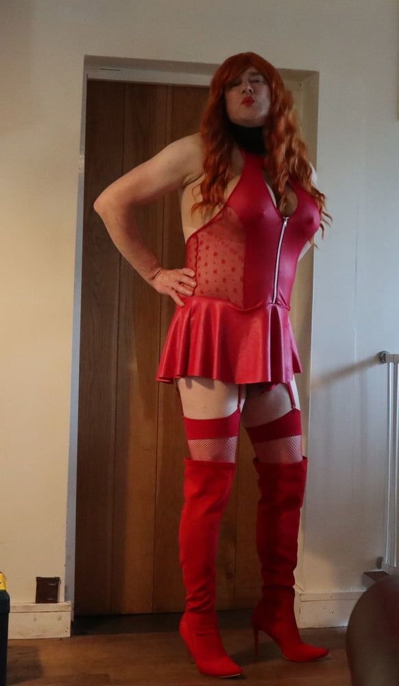 transgender in red lingerie and red thigh boots #2