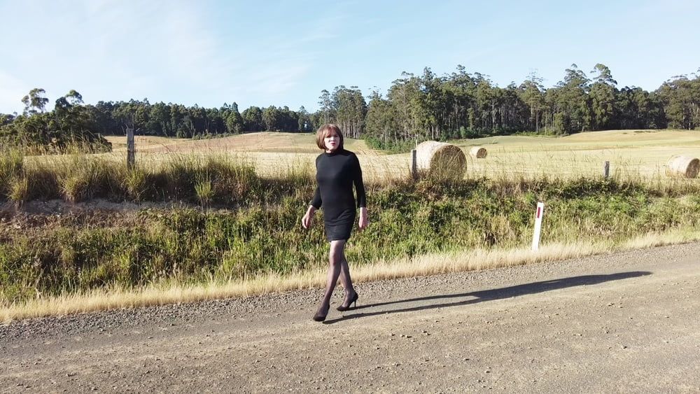 Crossdress Road trip- Rural road -Black Dress #25