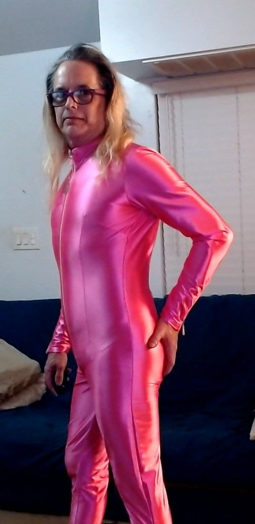 Sissy Slut Ashley Jolene Modeling A Hot Pink Catsuit