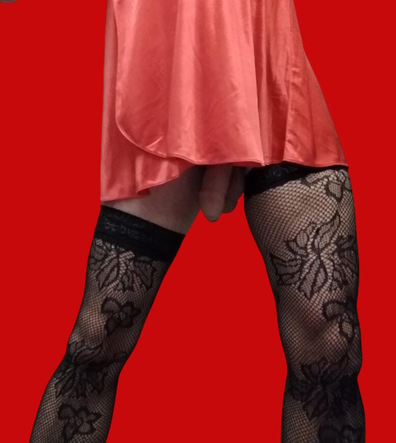 Crossdresser posing in red sexy lingerie with chooks #9