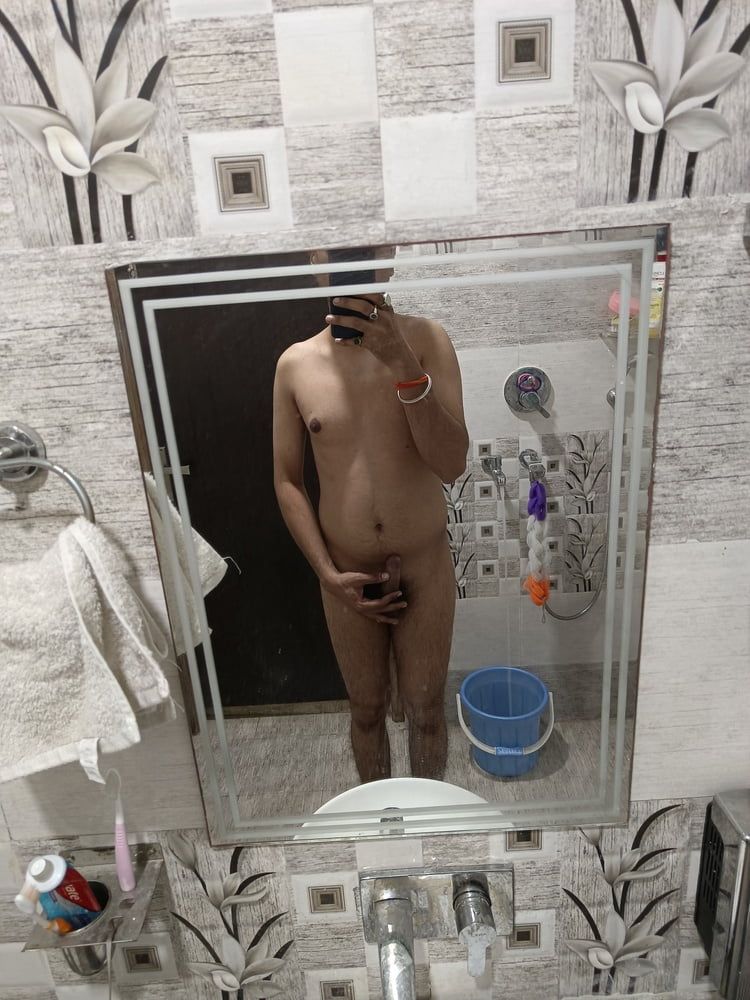 Nude boy having fun in bathroom  #5