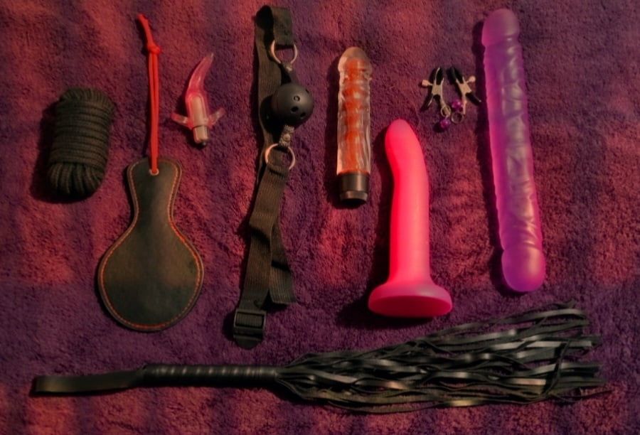 Ass spanking paddle and whip with dildo nipple clamps and to