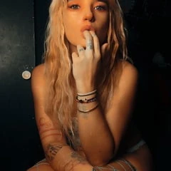 Cute slut in floral corset, panties and fishnet thighhighs