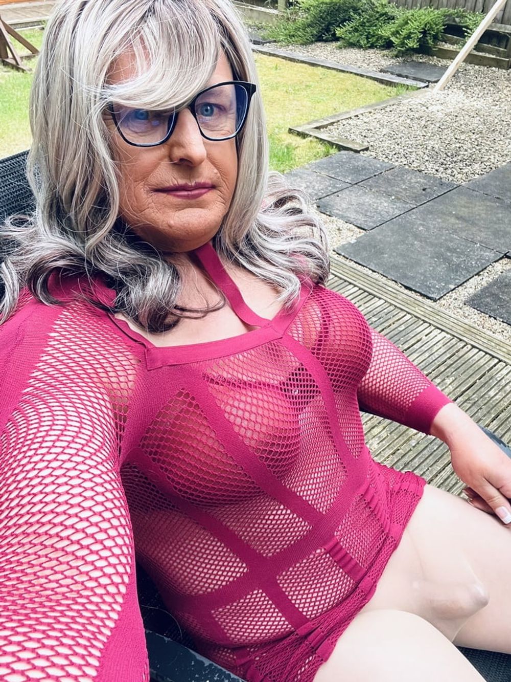 Crossdresser Kellycd in purple fishnet dress  #9