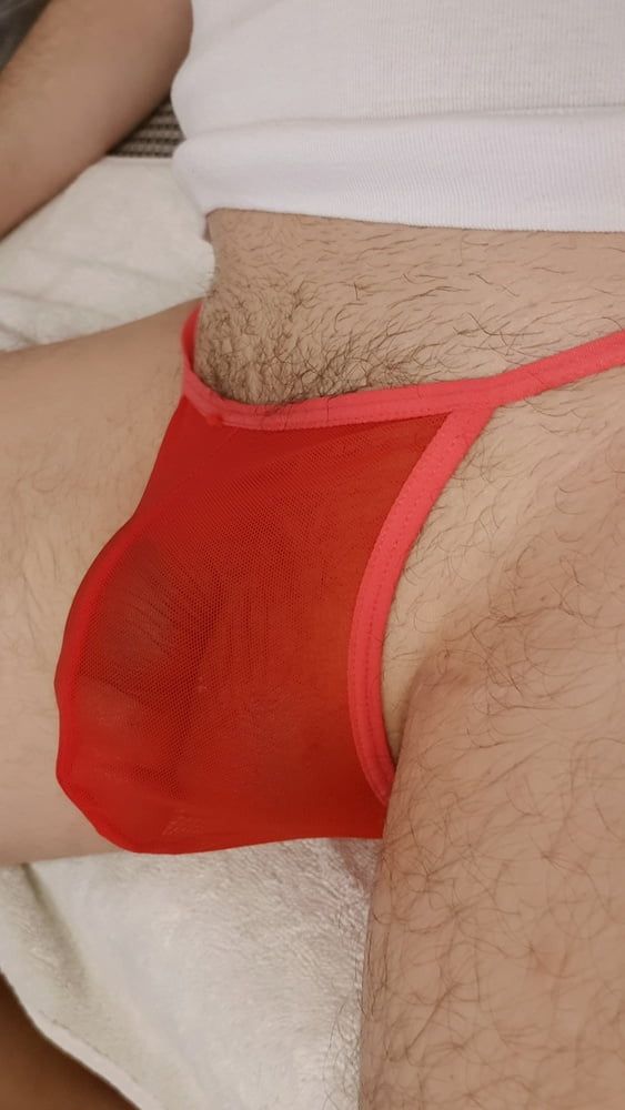 Red sheer mesh panties bulge #16