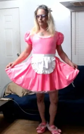 sissy slut ashley jolene modeling a pvc sissy maid uniform         