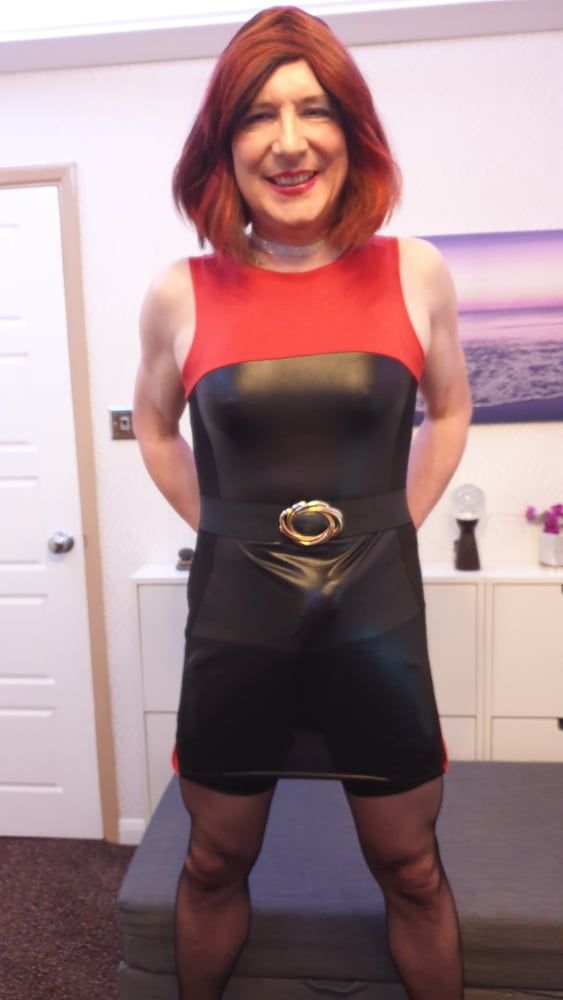 TGirl Lucy posing and playing in black and red bodycon dress #42
