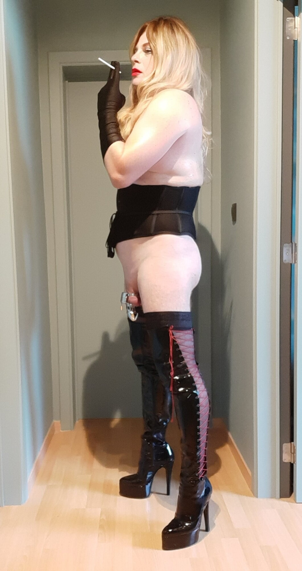 Smoking caged with corset and thigh highs #5