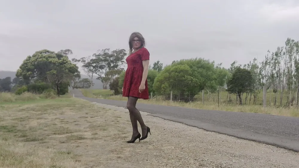 Crossdress road trip red dress #4