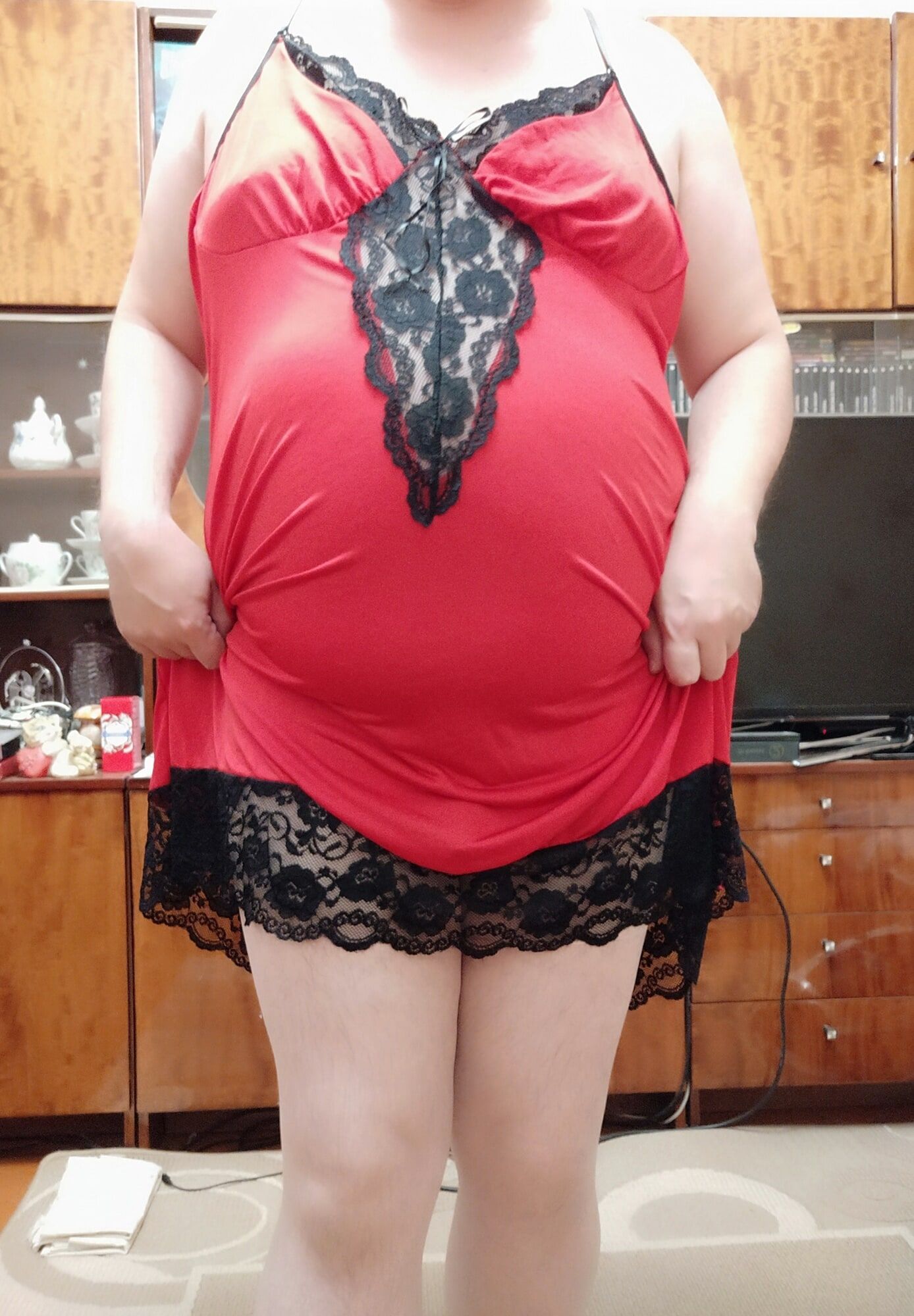 sissy Aleksa dressing red nighwear and white pantyhose #5