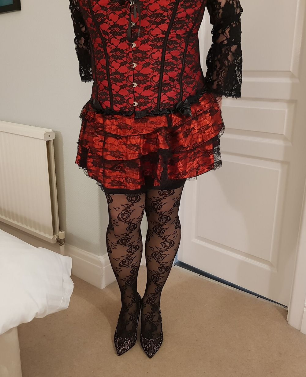 Crossdressing in floral lace lingerie, skirt and heels #3