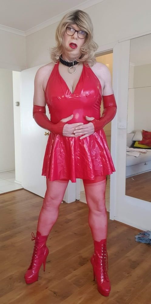 Rachel Wears Red PVC Dress