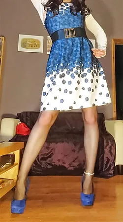 marie crossdresser blue dress and sheer pantyhose        