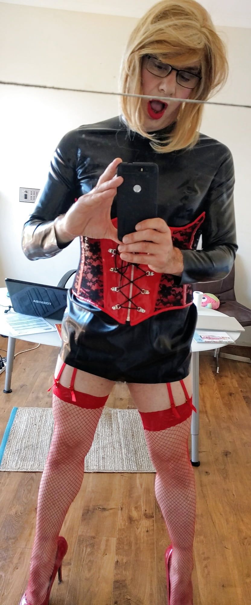 Red fishnets and hot corset combo #6