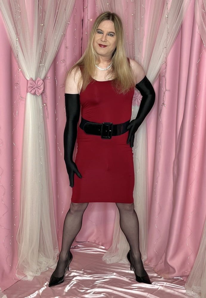 Joanie - Red Dress and Y Strap Garter Belt #6