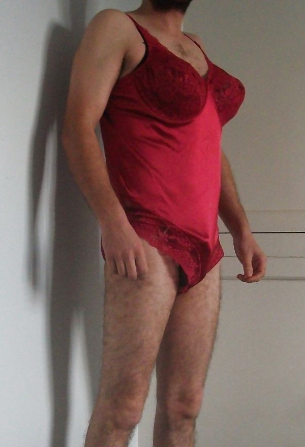 Me in my wife's sexy red number...