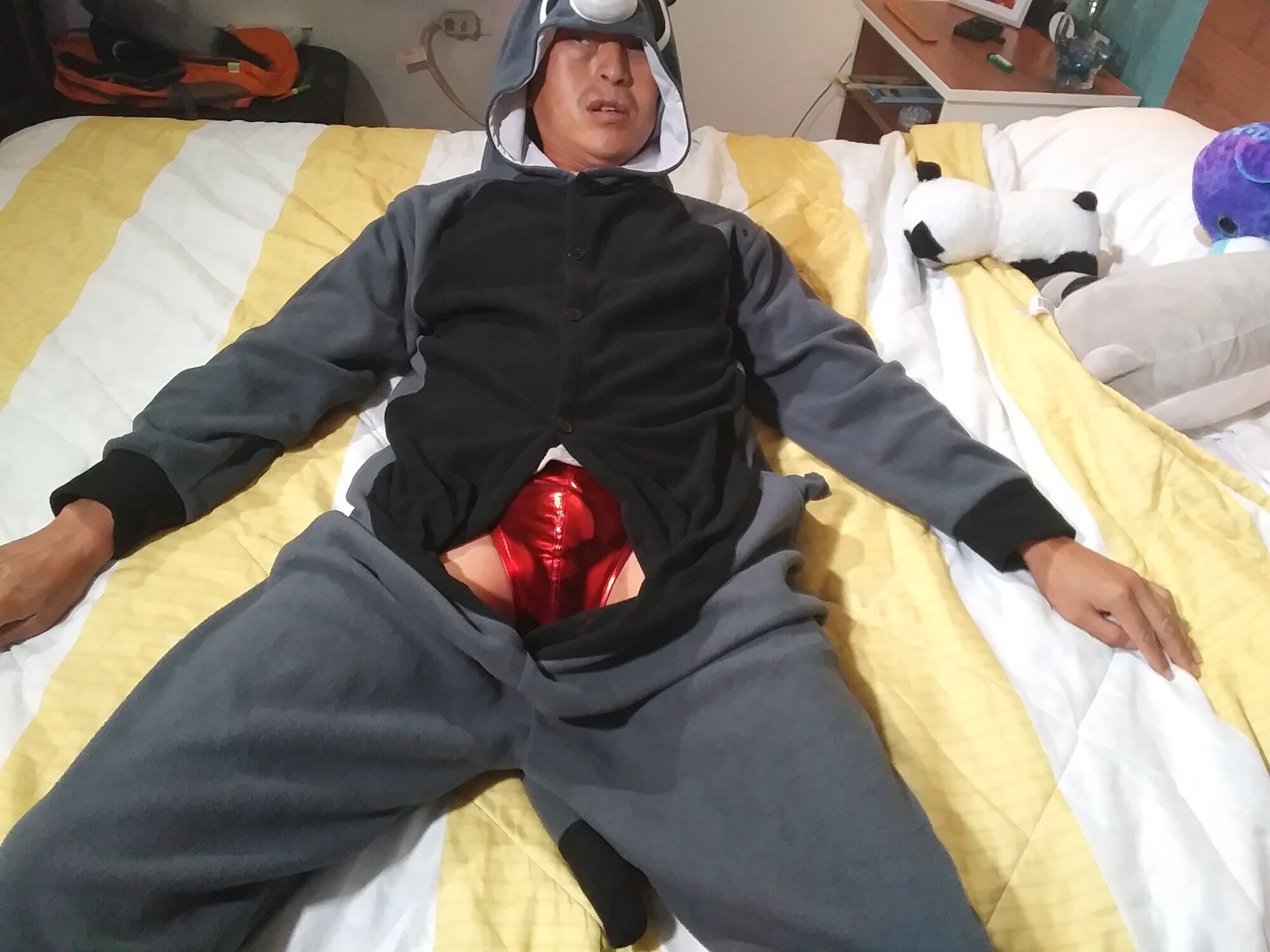 Hot asian boy wearing furry onesies and shiny undies #6