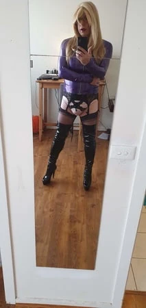 purple latex and long blonde         